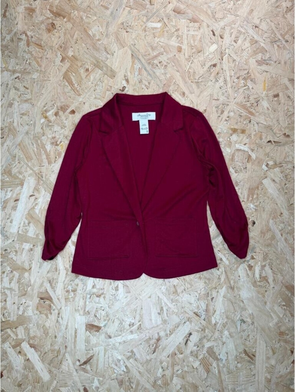 American Rag Womens Small Red Knit Blazer Jacket Ruched 3/4 Sleeve Open Front